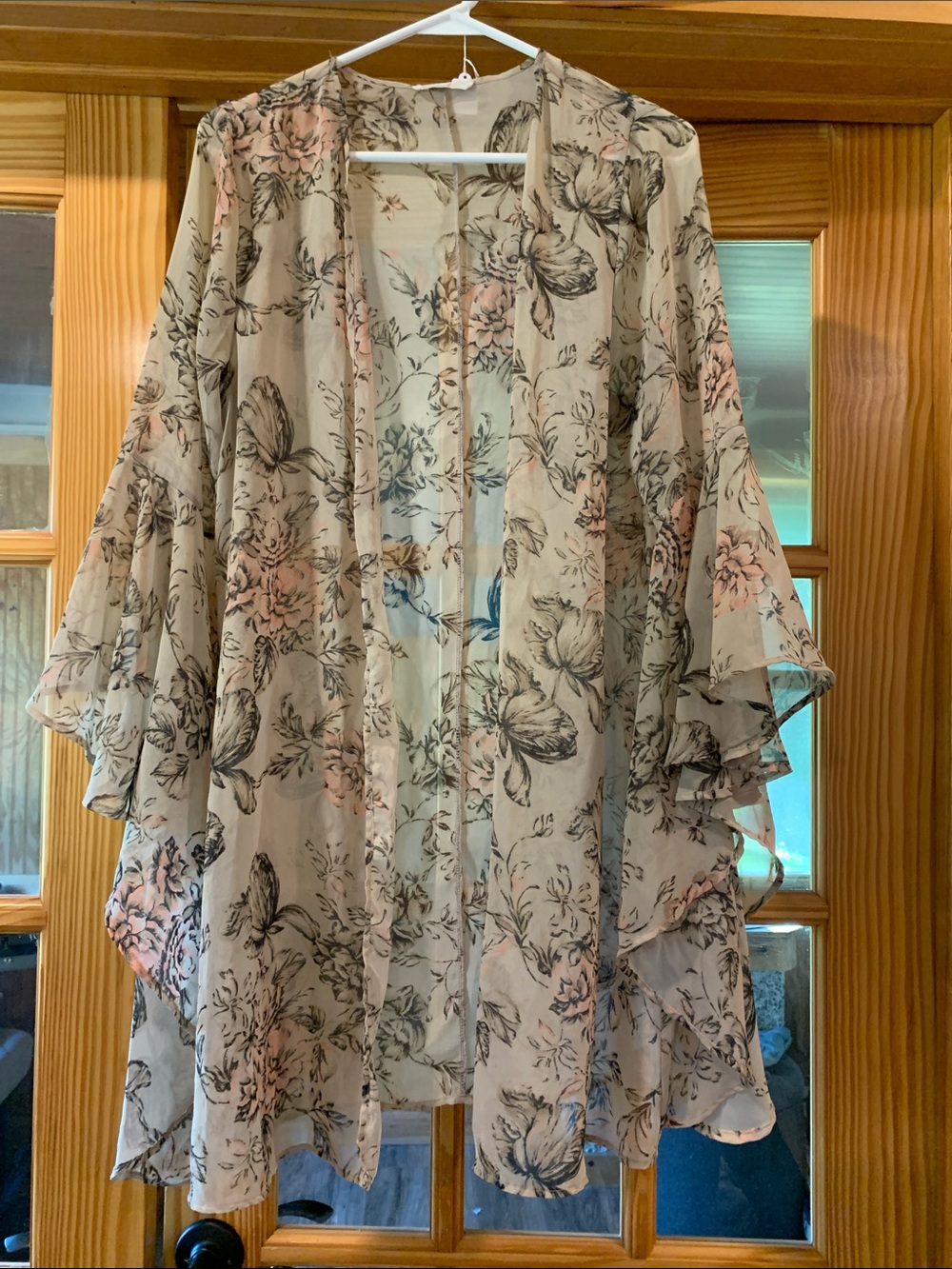 Women’s Easel Cream Semi Sheer Floral Kimono Open Front Cardigan Duster OS